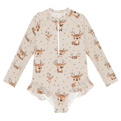 Cute Reindeer Animals Girls Long Sleeve Swimsuit Rash Guard One Piece Bathing Suits Zipper 3-12T