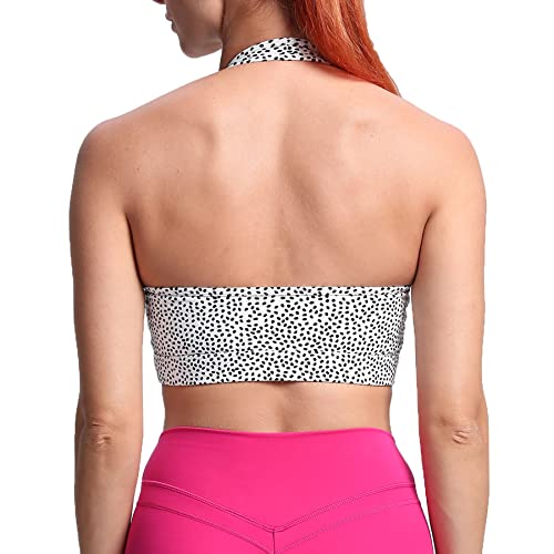 Aoxjox Women's Workout Sports Bras Fitness Backless Padded Halter Bra Yoga Crop Tank Top (White Dot Print, Small) #TOP25