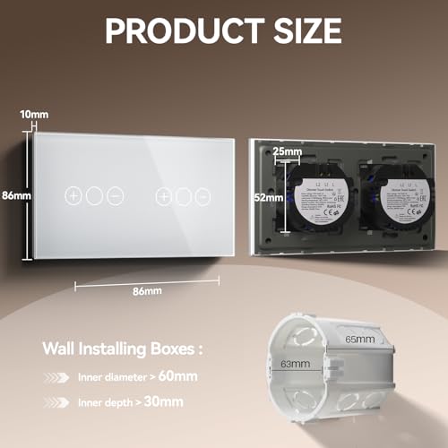 BSEED DimmSchalter für LED-Lampen, Touch Lichtschalter aus Glas, Non-wifi Schalter 240V für eine perfekte Listimmungsvolle, 1 Fach 1 Weg mit 1 Fach 2 Wege Weiß