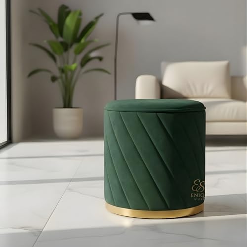 Image of Premium Velvet Ottoman Stool | Modern Round Pouffe with Gold Base | Multipurpose Seating | Living Room & Bedroom Decor (Green Set of 2)