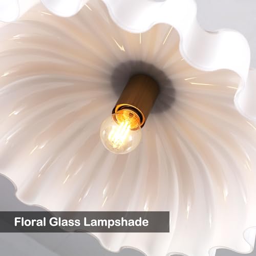Image of 15.7 inch Vintage Flower Gold Chandelier - Adjustable Height White Milk Glass Shades Pendant Light Fixture for Kitchen Island, Dining Room, Bedroom