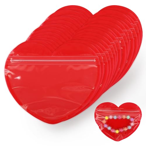 100pcs Small Bags for Small Business, 3.5x5 inch Heart-Shaped Jewelry Bags Clear Mylar Ziplock Baggies Cute Packaging Supplies for Bracelet Sample (Red）