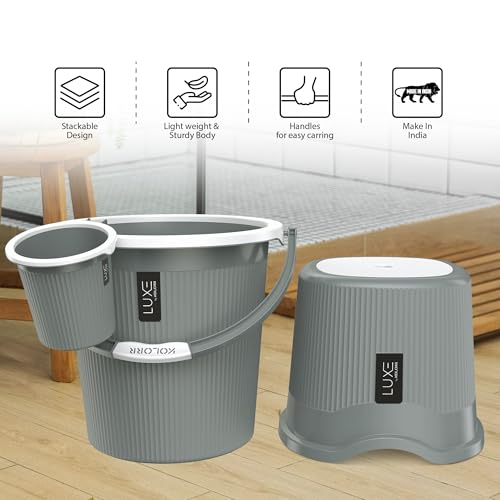 Image of KOLORR Luxe Bathroom Set (Bucket 18L x 2) + (Mug 1.5L x 2) + (Luxe Patla x 2)|Sturdy and Durable |Lightweight| Easy to Clean and Attractive Design|Pack of 6| PNT Grey 431C