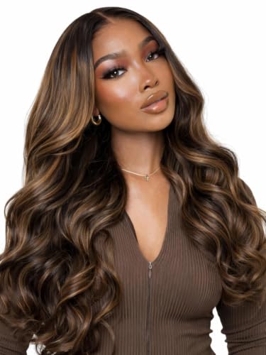 Image of Beauty Forever 7x5 Bye Bye Knots 2.0 Balayage Brown Highlight Body Wave Glueless Wig Human Hair Wear and Go Lace Front Wig Pre Cut HD Lace Pre Plucked Drawstring Wig 150% Density 18 Inch