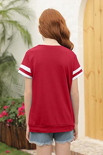 Ebifin Girls Casual Short/Long Sleeve T Shirts Kids Loose Soft Striped Color Block Tunic Tops, Tees Blouses Size 4-15 Years A-Red #TOP3