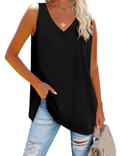 Fisoew Damen Tank Top V-Ausschnitt Blusentop Sommer Basic Tops Ärmellos Bluse Locker Cami Oberteile,Schwarz,XL