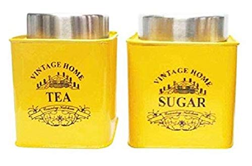 BOXY Stainless Steel Mild Steel Square Shaped Canister Set of 2 (Tea, Sugar), Yellow - 900Ml | Tea Sugar Sorag Container