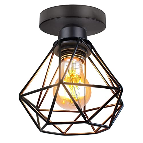 iDEGU Plafonnier Industrielle en Métal Cage Carré, Lustre Abat-jour Fer Luminaire E27 40W Noir pour Salon Chambre Bar (Diamant 16CM 1 Pack)