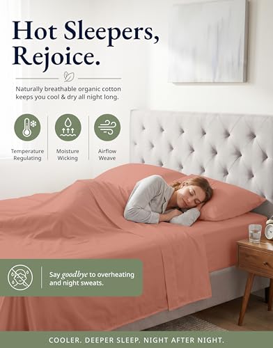 Image of LANE LINEN 100% Organic Cotton Queen Size Fitted Sheet Only (+Pillowcases) 3-Piece Set Soft & Comfy Hotel Style Percale Weave Fully Elasticized Deep Pocket Queen Fitted 15 inch Deep - Rose Dawn