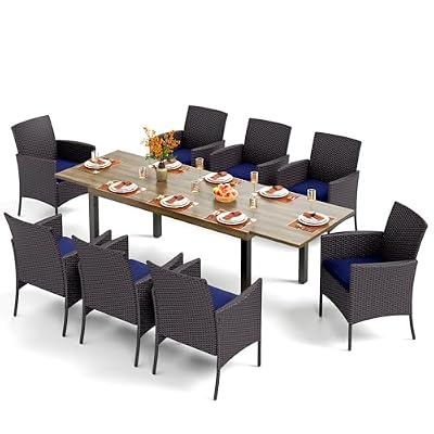 PHI VILLA 9 Piece Outdoor Dining Set for 8, Expandable Wood-Like Metal Dining Table & Wicker Chairs with Cushions, Large Dining Furniture for Patio, Deck, Backyard, Porch