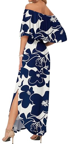 Image of AUSELILY Womens Off Shoulder Ruffle Split Summer Maxi Dresses with Pockets | Off-shoulder Ruffle dress with empire waist & side split for summer beach and casual parties