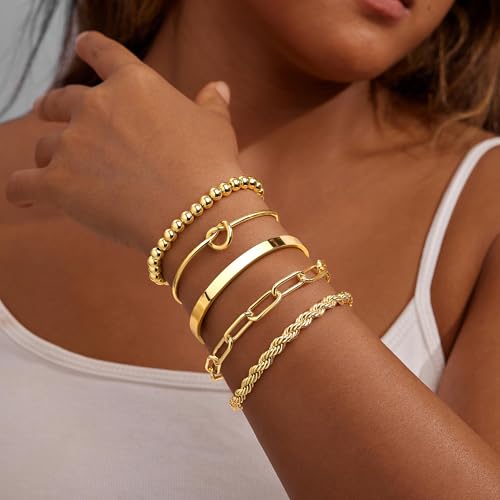Gold Bracelets for Women Non Tarnish, 14K Gold Plated Sterling Silver Chunky Cuff Bracelet Stackable Gold Bangles Bracelet for Women Trendy Fashion Accessories Tie Knot Cuban Rope Paperclip Beaded Bracelet Stack Jewelry Valentines Day Gifts - Image 3