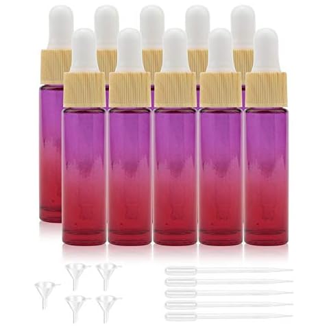 Kesell 10Pcs 10ml Dropper Bottle Purple-red Gradient Color Glass Vial With Dropper Empty Perfume Oil Bottles, 5pcs Funnels + 5pcs 5ml Transfer Dropper Cover