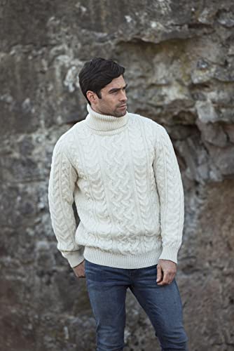 Aran Crafts Irish Mens Polo Neck Sweater, 100% Wool, Authentic & Traditional Feel, Classic Sweater-Style Knit Designs, Made In Ireland. (R1587-Lg-Nat) Natural #TOP1