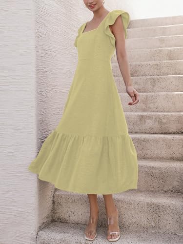 Image of Sugathari Girl's & Women's Solid Color Square Neck, Ruffle-Trimmed Hem Sleeveless, Ruffle Armhole and Casual Dress with Cinched Waist Vacation Outfits Woman (Dress 176)
