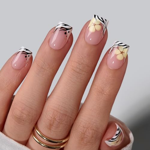 BTArtbox French Tip Press On Nails - Isle Plumeria Easy-to-Apply Flower Short Square Press On Nails with Glue and Adhesive Tabs in 16 Sizes - 32 Nails All-in-One Kit