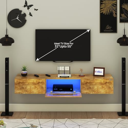 Image of Anikaa Lucen Wall Mount Modern Floating TV Unit for Living Room | 3 Closed Storage cabinets with hinged Door - Blue Color LED Light | Ideal for UP to 55 Inch TV (Gaintwood Finish - DIY Installation)