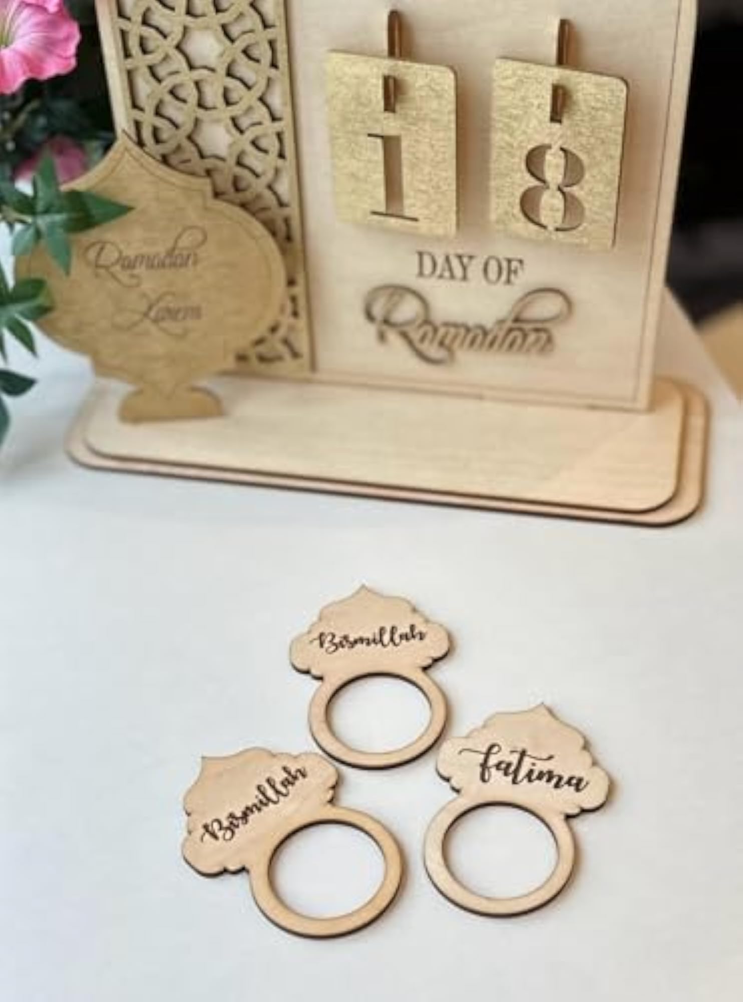 3 Pcs MDF Ramadan Napkin Rings, Custom Eid Mubarak Decor