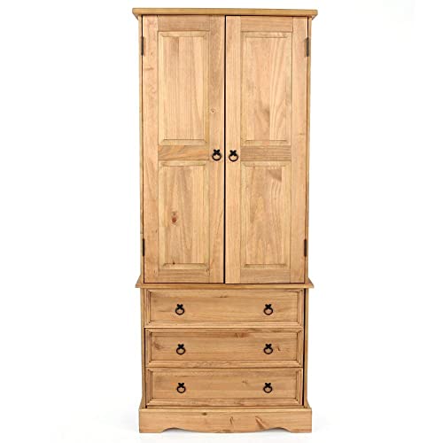 Armário de Madeira Maciça com 2 Portas e 3 Gavetas Marrom Antique Corona