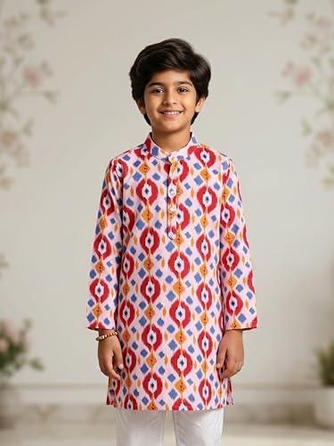 Image of KiddoPanti Boys 100% Cotton Ethnic Motif Printed Short Length Kurta