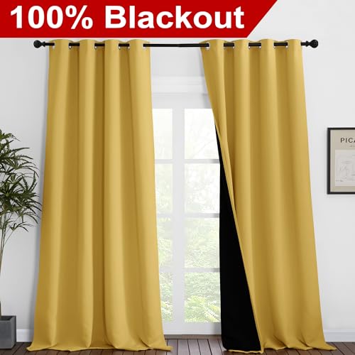 Image of NICETOWN 100% Blackout Blinds, Set of 2, 52 inches x 102 inches, Laundry Room Decor Window Treatment Curtains for Large Patio Sliding Door, Thermal Insulated Bright Yellow Curtains for Bedroom