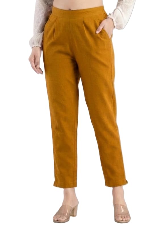 Image of Solid Cotton Woman Trousers Pants Regular Fit Kurti Pant with Drawstring Daily Office Formal Casual Use