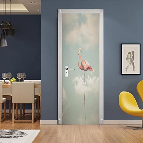 A.monamour 3D Door Stickers For Interior Doors Fantasy Flamingo With Long Legs On A Cloudy Sky Background Vinyl Removable Self Adhesive Door Poster Wallpaper Mural Decals For Bedroom Office 95X215Cm #TOP4
