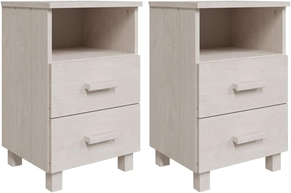 vidaXL – 2 armarios de noche de madera maciza blanca HAMAR | Mesitas de noche de 15.7 x 13.8 x 24.4 pulgadas con dos cajones y compartimento abierto