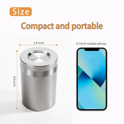 Image of Windproof Stainless Steel Car Ashtray No Smell - Cup Holder Fit with Rotating Lid for Vehicle Travel(Silver Matte Tall)