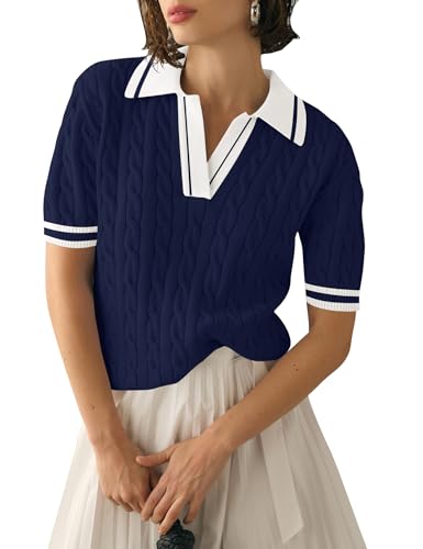 Image of Micoson Womens Short Sleeve Sweater Tops Lapel V Neck Polo Shirts 2026 Summer Cable Knit Loose Blouse Business Casual Outfits