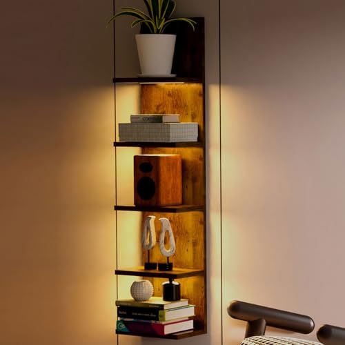 Homaterial 5 Tier Wall Shelf Unit, Modern Vertical Lack Wall Shelves with Light, Wall Mount, Floating Column Home Decor Shelves for Bedroom, Living Room, Vanity Storage Display(Dark Brown)