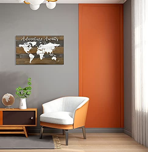 Adventure Awaits World Map Wood Wall Decor, Farmhouse Rustic Wood Wall Plaque,Vintage Adventure Decor，16.75"H X 28"W #TOP1