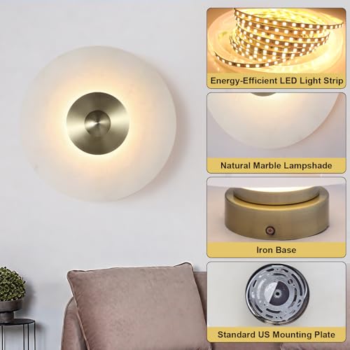 Image of 11.8 inch Round Alabaster Wall Sconce,Marble Modern Bathroom Light Fixture with Natural White Glass Shade for Bedroom, Hallway, Stairs (Hardwired)