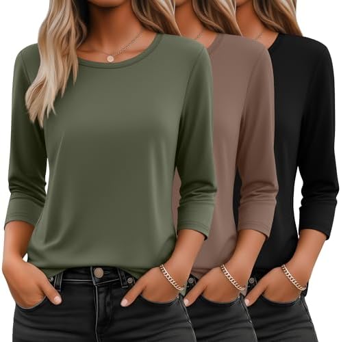 Ficerd 3 Pack 3/4 Sleeve Tops for Women Round Neck Dressy Basics ...