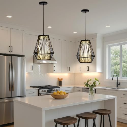 Image of Boho Pendant Light, Bamboo 12 inch Basket Hanging Light | Adjustable Height, Ceiling Light Fixture for Kitchen Islands, Dining Rooms, Bedrooms, Entryways, E26 Base