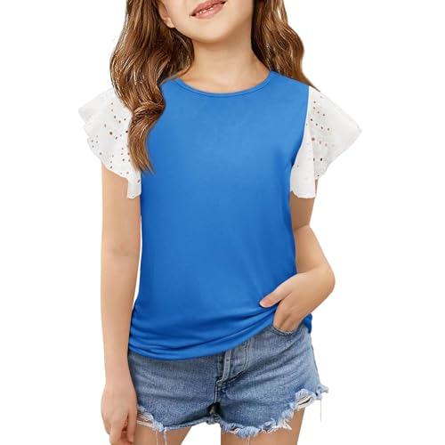 Girls Short Cap Sleeve T Shirts 𝗥uffle Sleeve Solid Color Tops Kids Crew Neck Casual Loose Summer Tops