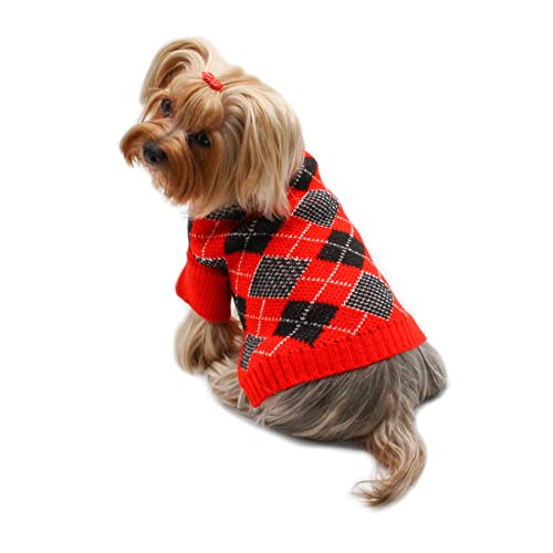 KLIPPO Rollkragenpullover für kleine Hunde, Argyle, Rot, Größe L Cover