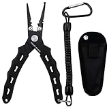 Fishing Pliers, Stainless Steel Fishing Tools, Saltwater Resistant Fishing Gear, Tungsten Carbide Cutters, Split Ring Pliers, Hook Remover with Coiled Lanyard and Sheath (Black B - 6