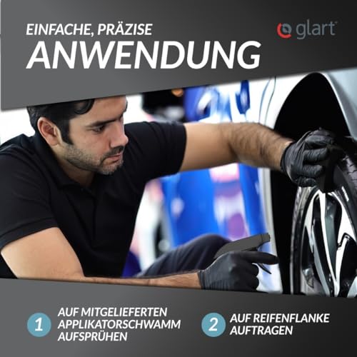 Glart 451RK Reifenglanzspray 1000 ml mit Schwamm – seidenmattes Finish – Reifenpflege mit UV-Schutz – schwarz auffrischend – für Auto, Wohnmobil, Motorrad – für Gummi und Kunststoff