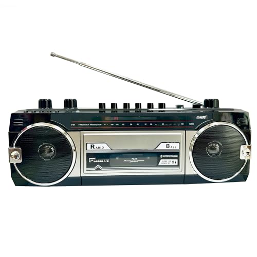 Retro Boombox, Radio Cassette Player Recorder, FM Radio, USB/Micro SD Slots, Headphone Jack, Convert Cassettes to USB/SD, Classic 80s Style Retro, Black, Built-in Microphone