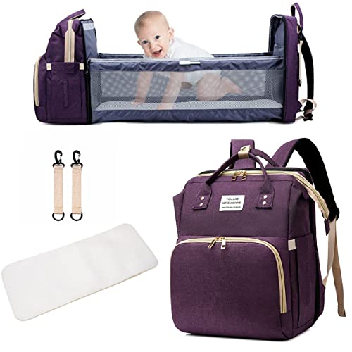 3 in1 Diaper Bag Backpack with Folding Crib,Portable Diaper Bags for Baby Boy Girl With Insulation Bags, Diaper Backpack Multifunctional Bassinet, Diaper Backpack with Changing Pad Station (Purple)