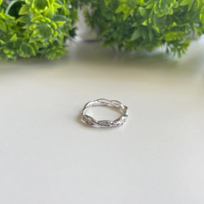 Alternate Red Ruby & White Diamond Twisted Full Eternity Ring For Women, 14k Gold Finish Ruby Swirl Wedding Band, Ladies Crossover Anniversary Band