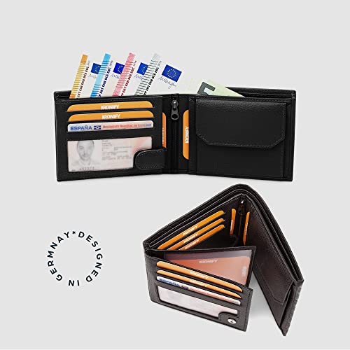 KRONIFY Atlas Herren Geldbeutel aus Leder mit RFID Schutz I Echtleder Portmonee mit Münzfach I Geldbörse für Männer in Carbon mit Geschenk Box