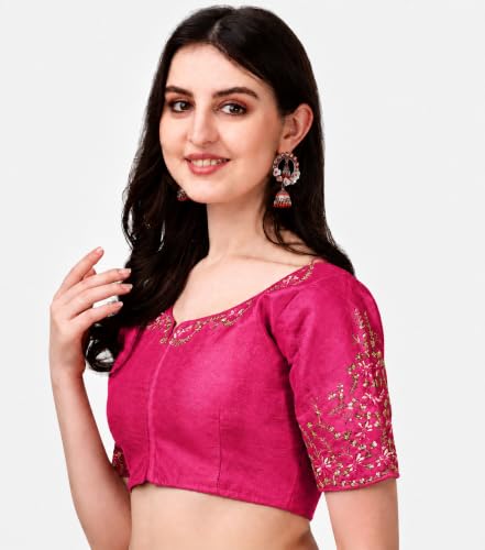 Image of Pujia Mills Women's Silk Embroidery Sequence Work Half Sleeve Readymade Blouse