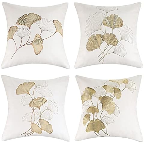 Hanrunsi Cushion Cover 40 x 40 cm, Set of 4 Ginkgo Biloba Polyester Autumn Plant Leaves Decorative Sofa Cushion Cover Soft Cushion Covers Outdoor Cushion for Garden Furniture (Imitation Linen) Cover