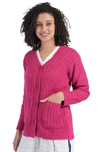 Image of MANRA Women's Woolen V-Neck Buttoned Full Sleeve Cardigan Self Design Soft Wool Fabric Winter Wear Pure Wool Sweater Fully Warm with Front Pockets Stylish Cardigan
