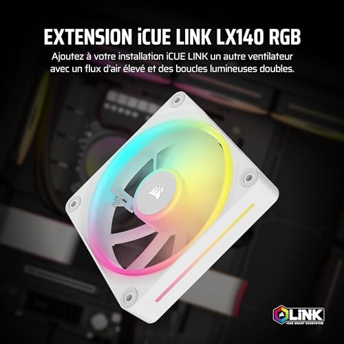 CORSAIR iCUE Link LX140 RGB 140 mm PWM Ventilateur Paquet Unique – Double Boucles Lumineuses – Requiert Le iCUE Link System Hub (Vendu Séparément) – Technologie CORSAIR AirGuide – Blanc