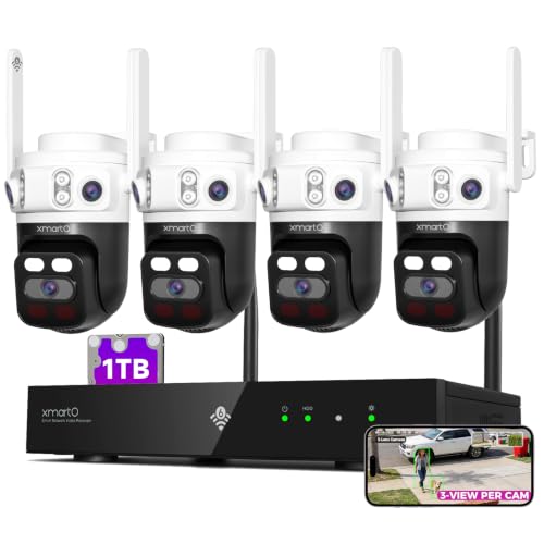 XMARTO 6MP Tri-Lens 4-Cam 1TB WiFi Mesh Security Camera System,16CH 4K H.265 WiFi-Inside NVR,360°PTZ AI Tracking,3-View/Cam,Long Range Wireless,Plug-in 24/7 Home Surveillance,Local & Mobile View