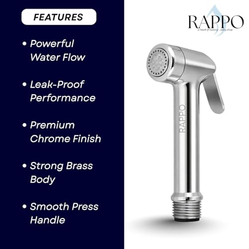 Image of RAPPO Solid Brass Health Faucet with Flexible Hose and Wall Hook Chrome Finish Handheld Jet Spray for Toilet Bathroom Accessory Durable Easy Install Utility Set (Mahindra with Hose and Hook)