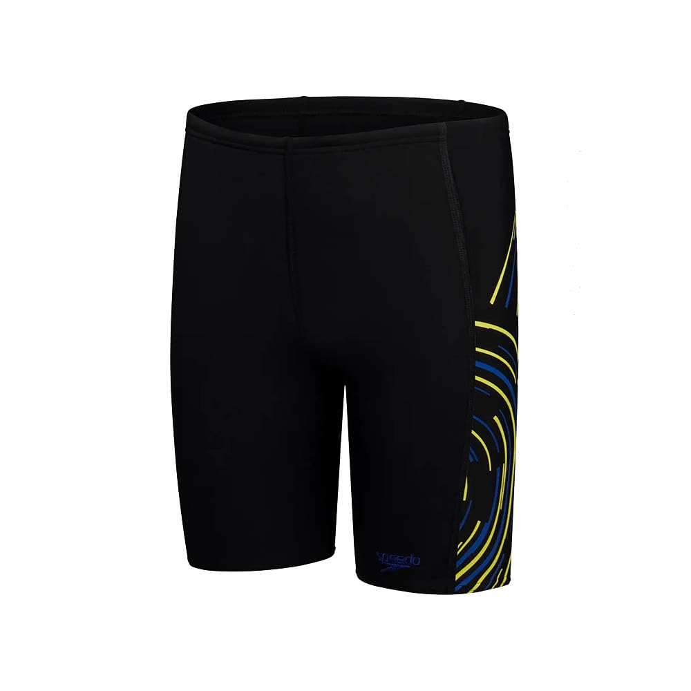 Speedo Jungen Plastisol Schwimmhose mit Print | Wettkampf-Schwimmkleidung | Verstellbarer Sitz Schwimmbekleidung, Schwarz/Blau, 44/21